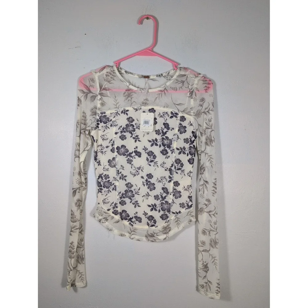 Free People Bettys Garden Top sz S Neutral Combo Ivory NWT's $68 Sheer LS